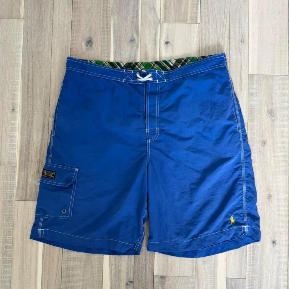Y2K 2000s Ralph Lauren blue swim shorts with plaid lining. Size L